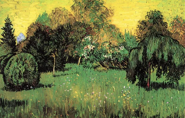 Картинка трава, деревья, природа, цветочки, кусты, Винсент ван Гог, The Poet s Garden