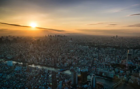 Картинка закат, город, река, рассвет, вид, Токио, Tokyo
