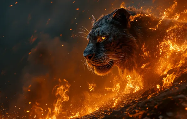 Fire, flame, leopard, cat, ai art