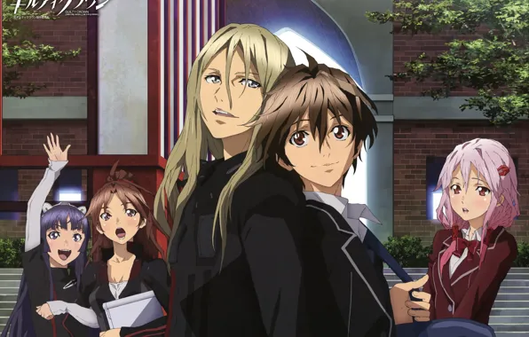 Улыбка, друзья, школьники, guilty crown, inori yuzuriha, два парня, tsugumi, корона грешника