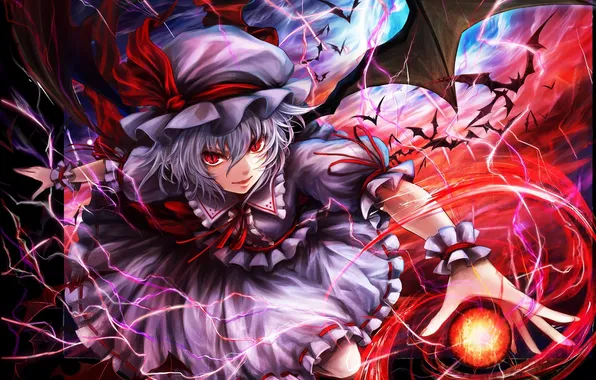 Девушка, магия, крылья, арт, touhou, remilia scarlet, kazabana kazabana