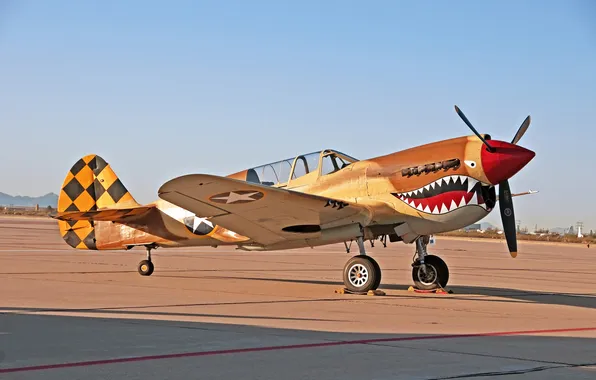 Истребитель, войны, аэродром, Warhawk, мировой, Второй, времён, Curtiss P-40E