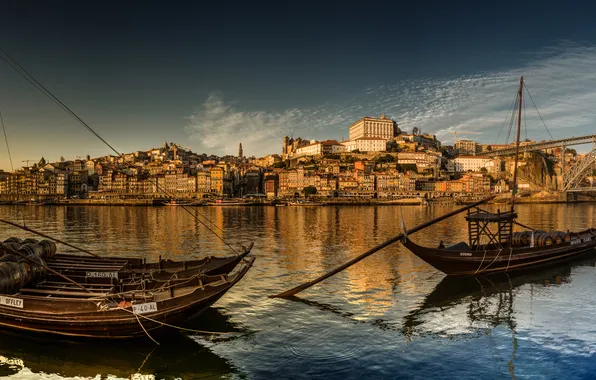 Картинка мост, река, лодки, панорама, Португалия, Portugal, Vila Nova de Gaia, Porto