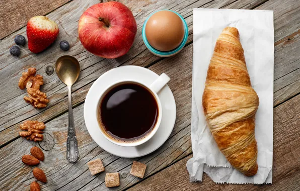 Картинка яблоки, кофе, завтрак, орехи, breakfast, круассан