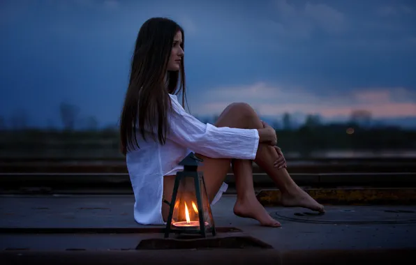 Dark, flame, girl, twilight, long hair, legs, barefoot, evening