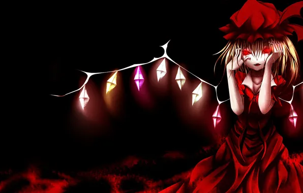 Красное платье, красные глаза, art, кровавые слезы, вампирша, безумная, Touhou Project, Flandre Scarlet