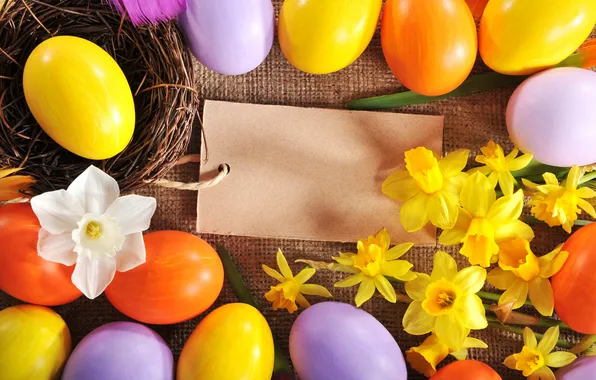 Картинка цветы, яйца, Пасха, flowers, нарциссы, spring, Easter, eggs