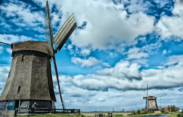 Небо, облака, канал, Нидерланды, ветряная мельница