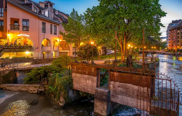 Франция, Дома, Реки, Annecy, Уличные фонари