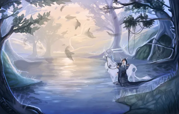 Картинка вода, девушка, деревья, природа, река, фантастика, животное, эльф
