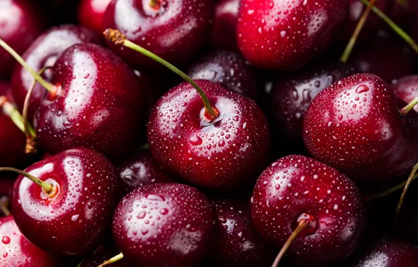 Капли, макро, вишня, ягоды, красные, много, черешня, спелая