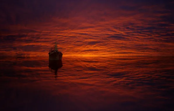 Картинка море, облака, отражение, корабль