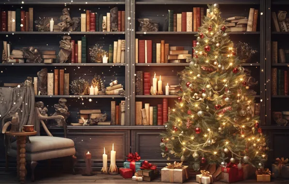 Украшения, шары, книги, елка, Новый Год, Рождество, подарки, библиотека
