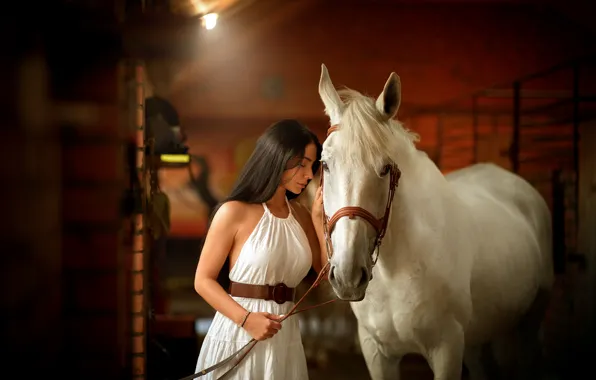 Картинка девушка, настроение, конь, лошадь, платье, закрытые глаза, конюшня, Тамара