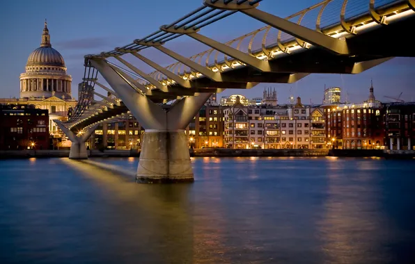 Картинка ночь, мост, огни, река