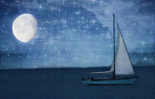 Картинка ночь, луна, лодка