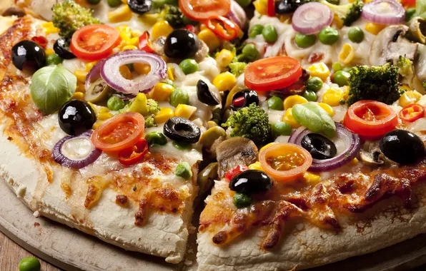 Картинка грибы, перец, пицца, помидоры, оливки, колбаса, начинка, брокколи
