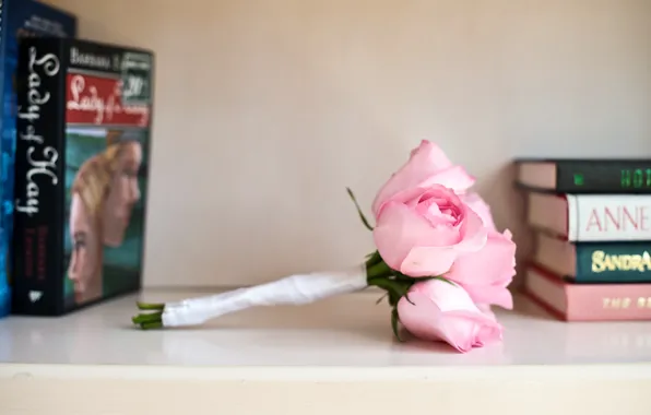 Картинка цветы, книги, розы, букет, лепестки, розовые, свадебный