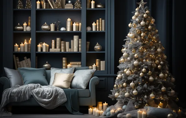 Украшения, комната, елка, интерьер, Рождество, подарки, Новый год, Christmas