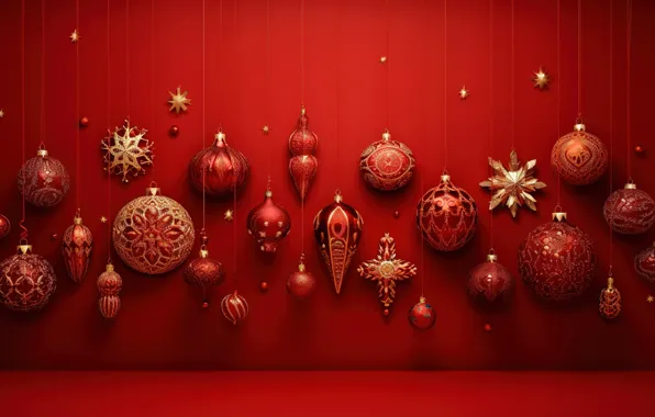 Украшения, красный, фон, шары, Новый Год, Рождество, red, golden