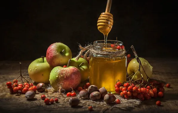 Картинка яблоки, банка, орехи, мёд, рябина, гроздья, баночка, Владимир Володин