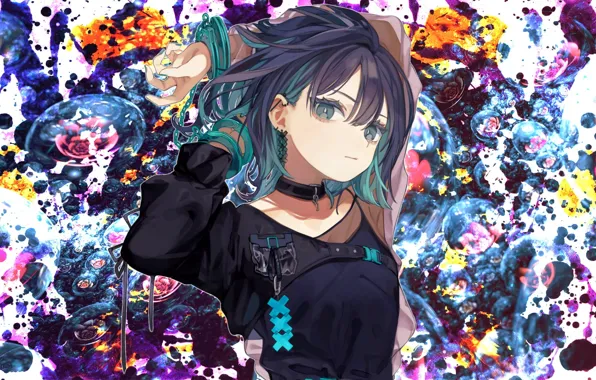 Цветы, поза, аниме, брюнетка, девочка, girl, жест, anime