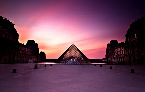 Картинка закат, люди, Франция, Париж, Город, Лувр, день, пирамиды