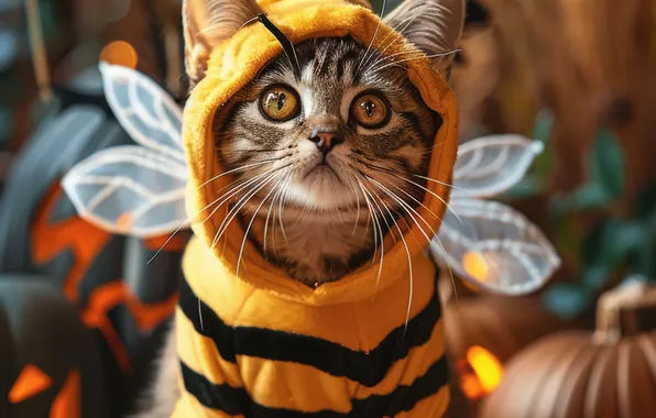 Кошка, поза, котенок, пчела, наряд, тыквы, Хэллоуин, мордашка