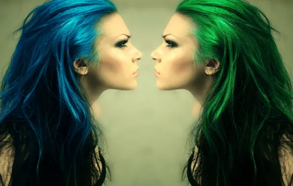 Девушка, лицо, волосы, зеленые, профиль, синее, к лицу