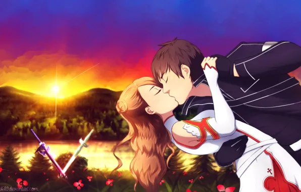 Поцелуй, аниме, арт, парень, Мастера меча онлайн, Sword Art Online, Асуна, Кирито