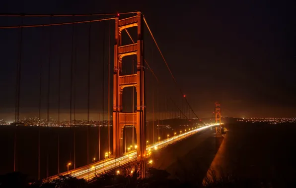 Картинка ночь, мост, огни, San Francisco, The Golden Gate Bridge