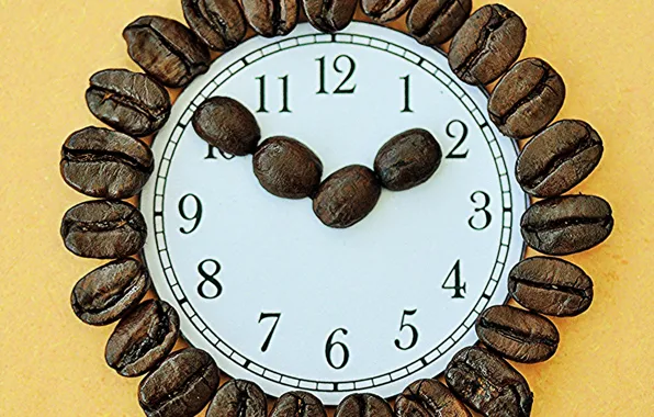 Стрелки, часы, кофе, зерна, циферблат