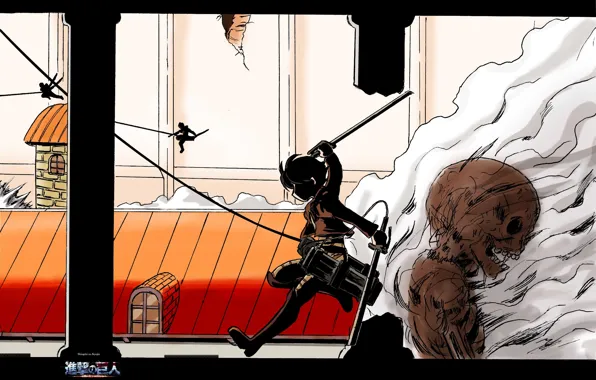 Стена, скелет, разрушение, сражение, на крыше, испарение, Shingeki no Kyojin, Eren Yeager