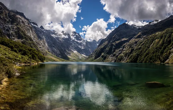 Картинка облака, горы, озеро, скалы, Новая Зеландия, Fiordland National Park, Lake Marian