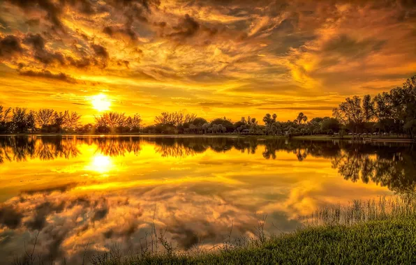 Картинка небо, закат, озеро, отражение