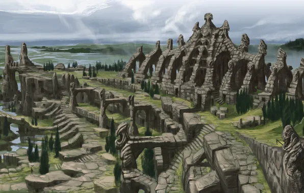 Картинка пейзаж, скалы, здания, дома, арки, реки, The Elder Scrolls V: Skyrim