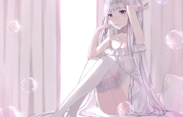 Девушка, пузыри, эльф, сидит, anime, art, Emilia, Re: Zero kara Hajimeru Isekai Seikatsu
