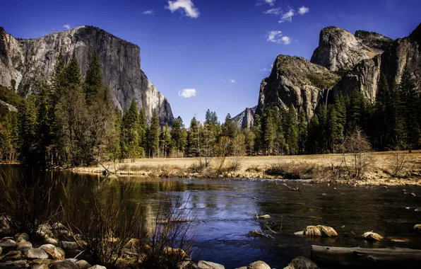 Горы, река, камни, берег, вершины, США, Yosemite national park, Йосе́митский национальный парк