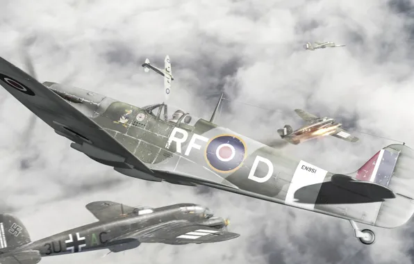 Картинка авиация, арт, британцы, немцы, самолёты, Вторая мировая война, воздушный бой
