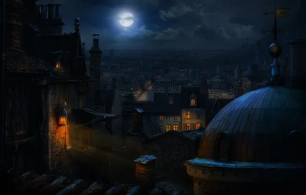 Картинка ночь, город, луна, night_by_advantasy, across_the_rooftops