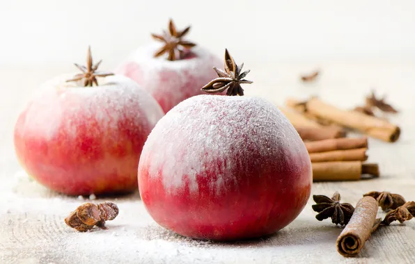 Зима, яблоки, Новый Год, Рождество, красные, фрукты, корица, Christmas