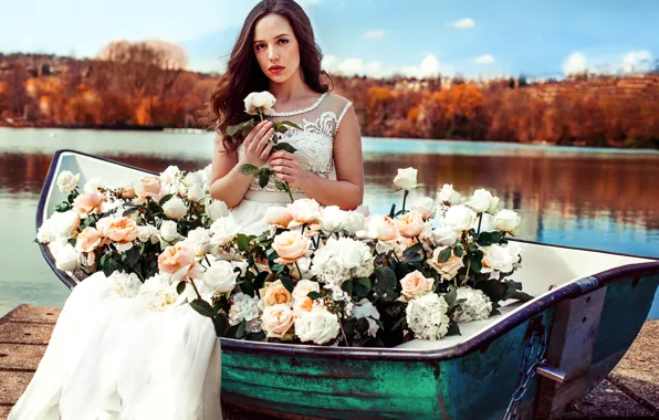 Картинка девушка, цветы, природа, озеро, лодка, розы, платье