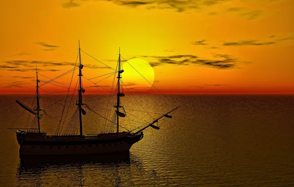Море, солнце, рассвет, корабль, парусник