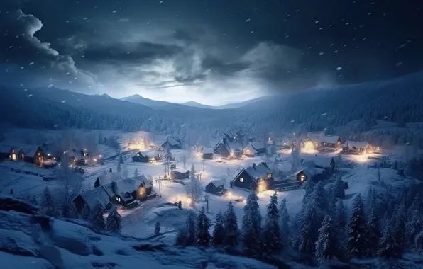 Зима, снег, ночь, lights, елки, Новый Год, деревня, Рождество