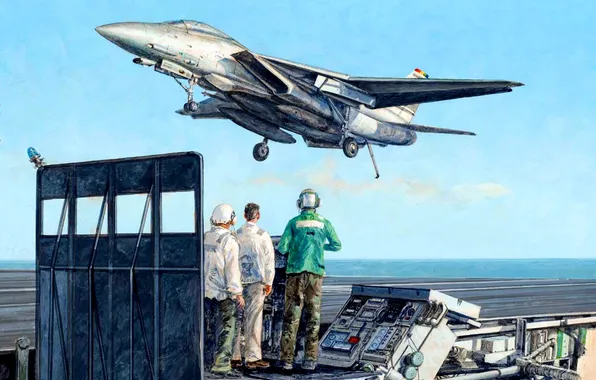 Картинка рисунок, арт, палуба, самолёт, взлёт, истребитель-бомбардировщик, американский авианосец, обслуживающий персонал