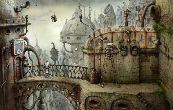 Картинка мост, город, птица, механизм, робот, попугай, Machinarium