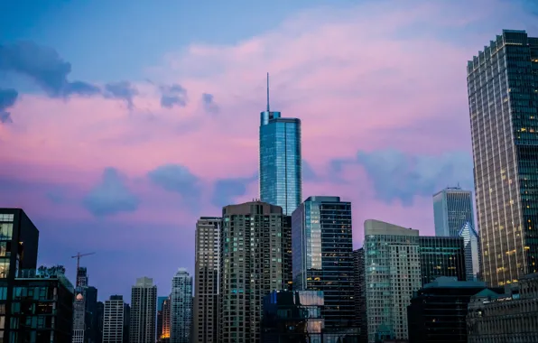 Картинка city, USA, Chicago, Illinois, twilight, sky, sunset, skyscraper