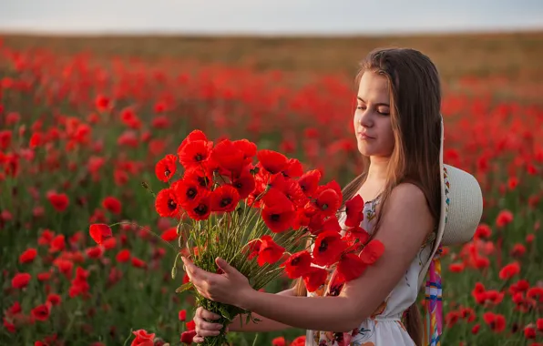 Поле, лето, взгляд, девушка, цветы, природа, маки, букет