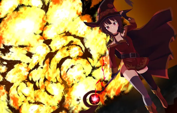 Девушка, взрыв, anime, art, Kono Subarashii Sekai ni Shukufuku wo, Megumin
