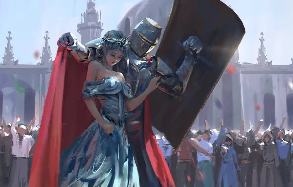 Картинка девушка, эльф, толпа, доспехи, корона, арт, щит, рыцарь